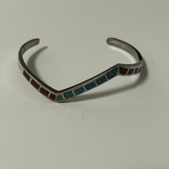 vintage Jewelry - Vintage sterling silver crushed turquoise & coral bracelet Southwestern